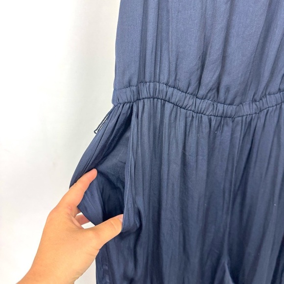 Loft Navy Satin Silky Flutter Sleeve Wide Leg Jumpsuit Sz 8 Contemporary Modern - Picture 7 of 16
